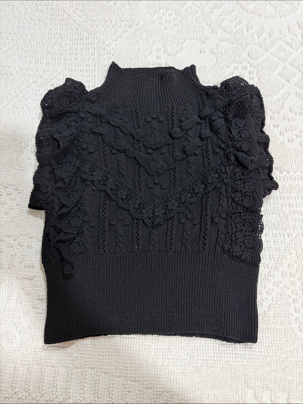 Zara Black Lace Knit Sleeveless Mock Neck Top